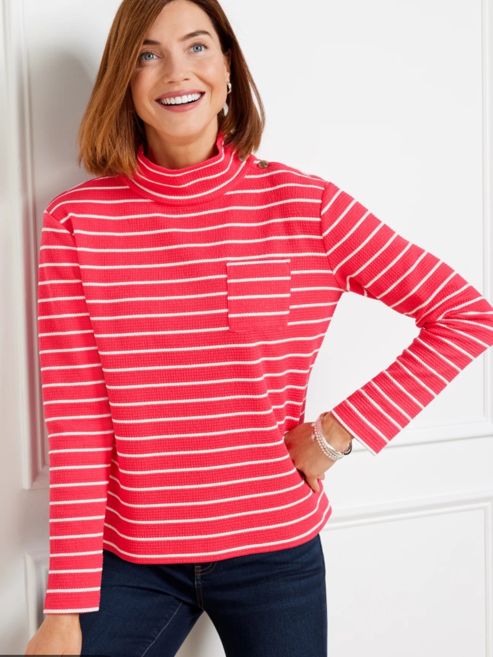 TALBOTS Button Mockneck Pullover Marin Stripe NEW Pink Ivory Size Small Petite